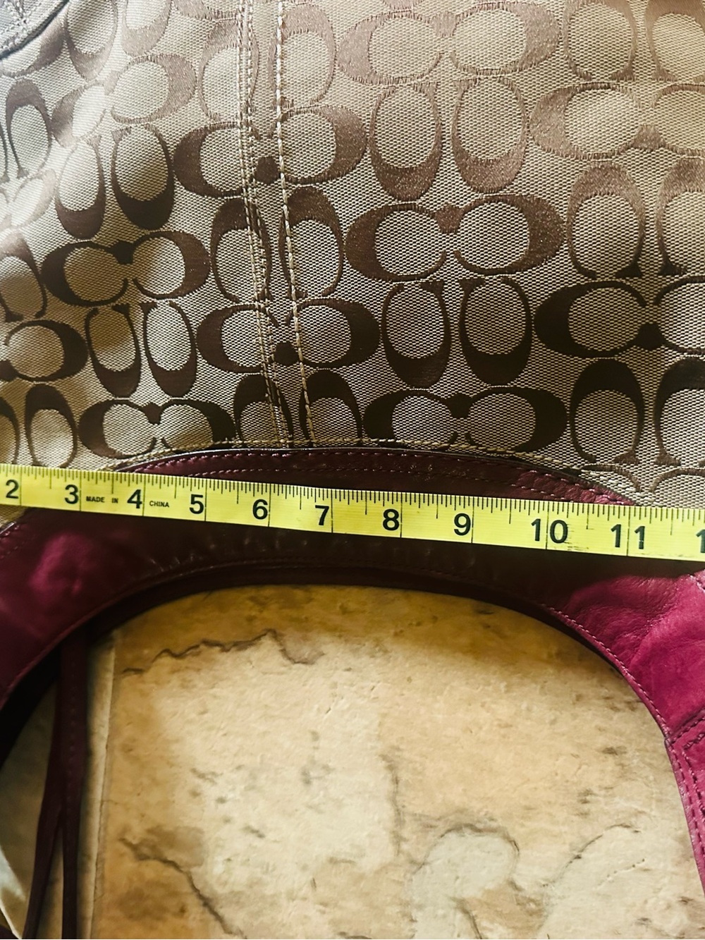 Coach Brown Signature Canvas Shoulder Bag with Burgundy Leather Trim - Picture 15 of 15